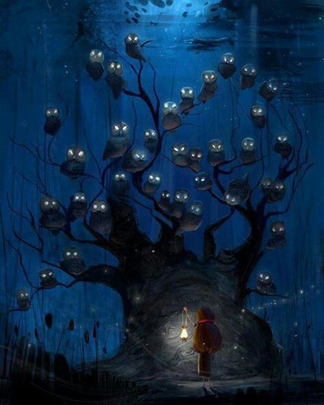 . Owls Illustration, Lights Illustration, Owl Tree, 동화 삽화, Concept Art World, Owl Eyes, Blue Magic, Dark Colours, 다크 판타지