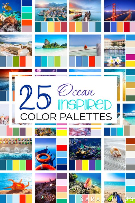 Don't lose your mind trying to figure out what colors go well together. These 25 Ocean Inspired Color Palettes will give all the inspiration you need to get the most beautiful results on all of your projects. #colorpalette #colorpalettes #ocean #oceancolorpalette Color Palette Combinations, Ocean Color Palette, Summer Color Palettes, Beach Color Palettes, Sarah Titus, Colours That Go Together, Paint Palettes, Complimentary Color Scheme, Condo Interior