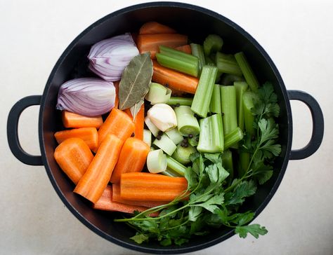 Simple, homemade vegetable stock of carrots, celery, onions, garlic and various spices. This is basically a rough-cut mirepoix with plenty of water added. Lazy Cat Kitchen, Stock Recipes, Cat Kitchen, Lazy Cat, Vegetable Stock, Pumpkin Recipes, Fresh Herbs, Plant Based Recipes, Soups And Stews