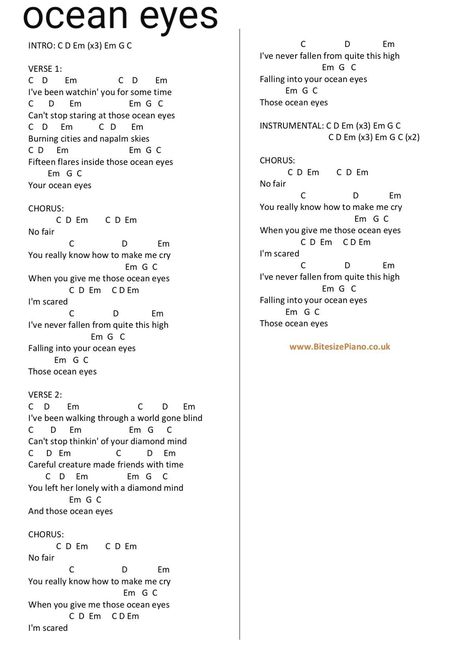 Ocean Eyes Ukulele Chords, Lovely Ukulele Chords Billie Eilish, Tv Billie Eilish Guitar Chords, Ukulele Songs Billie Eilish, Ukulele Chords Songs Billie Eilish, Billie Eilish Ukulele Chords, Ocean Eyes Piano, Songs Piano Chords, Song Piano Chords