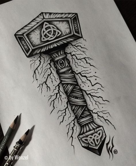 Thor Hammer Tattoo, Mjolnir Tattoo, Viking Drawings, Viking Tattoos For Men, Thor Tattoo, Hammer Tattoo, Viking Warrior Tattoos, Norse Mythology Tattoo, Viking Tattoo Sleeve