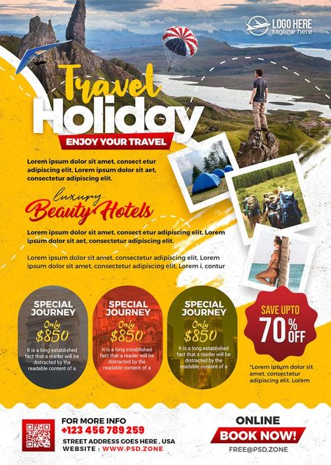 Travel Package Poster Design, Travel Poster Design Ideas, Tour Packages Design, Travel Agency Design, Travel Agency Poster, Travel Flyer Design, Poster Tourism, Travel Brochure Design, Travel Flyer