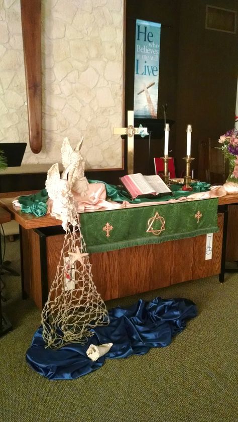 Arapahoe First United Methodist Fishers of men alter Fishers Of Men Decorations, Alter Decorations, Alter Table, Bible Decor, Alter Decor, Communion Table, Alter Art, Church Altar Decorations, Fishers Of Men