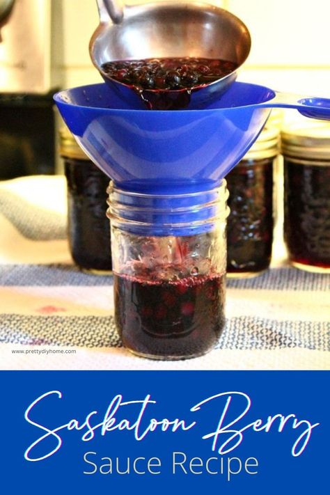 Saskatoon berry recipe to try right now. Make homemade saskatoon sauce or syrup in 20 minutes. Or make a larger recipe and preserve it for all year. Saskatoon Syrup Recipe, Saskatoon Berry Syrup, Saskatoon Berry Recipes, Saskatoon Recipes, Saskatoon Berry Recipe, Chokecherry Jelly, Baking Mix Recipes, Saskatoon Berry, Rhubarb Syrup