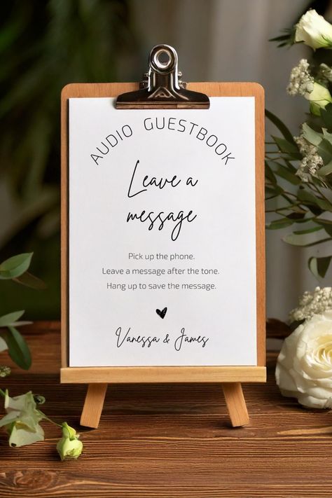 Create a unique and interactive wedding guestbook with this beautiful audio guestbook sign Canva template.  Perfect for couples who want to capture heartfelt messages and laughter from their guests. Simply print the sign, set up a phone and let your guests leave audio messages. It's a fun and memorable way to cherish your special day.  Get your Canva template today on Etsy and start creating your personalized audio guestbook! Guestbook Signs, Honeymoon Fund Sign, Wedding Games For Kids, Interactive Wedding, Engagement Party Games, Audio Guest Book, Unique Guest Book, Honeymoon Fund, Aesthetic Wedding