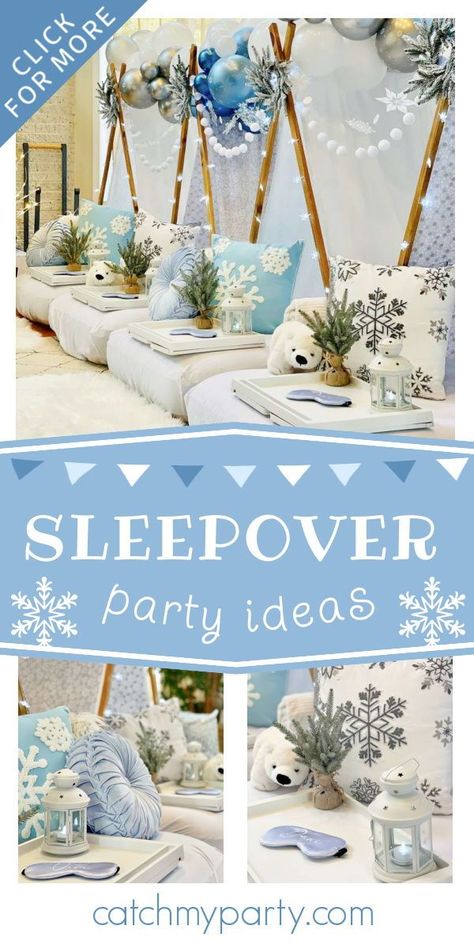 Take a look at this beautiful winter-themed sleepover! The teepees are gorgeous! See more party ideas and share yours at CatchMyparty.com Winter Pool Birthday Party Ideas, Winter Wonderland Sleepover Party, Winter Pajama Party, Winter Slumber Party Ideas, Winter Themed Sleepover, Winter Wonderland Sleepover Ideas, Winter Wonderland Slumber Party, Winter Wonderland Sleepover, Winter Sleepover Ideas