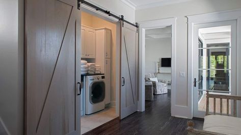 Awesome Sliding Barn Door Décor Ideas Hall Laundry, Bar Doors, Cottage Laundry, Cottage Laundry Room, Grey Laundry Rooms, Hallway Laundry, Black Countertop, Laundry Doors, House Pics