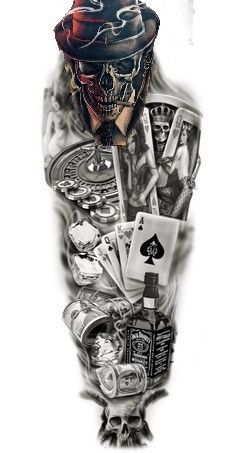 Mens Skull Tattoo Ideas, Full Arm Tattoos For Guys, Skull Sleeve Tattoos For Guys, Half Sleeve Tattoos For Men Lower Arm, Full Sleeve Tattoos For Guys, Tato 3d, Poker Tattoo, Playing Card Tattoos, Casino Tattoo