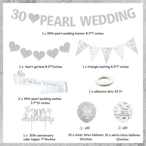 30th Pearl Wedding Anniversary Decorations 30th Silver Anniversary Balloons Banner Heart Rings Cake Topper Satin Sash for 30th Couple Pearl Wedding Anniversary Party Supplies 30th Anniversary Decorations, Anniversary Balloons, Ring Cake Topper, Pearl Wedding Anniversary, 30th Anniversary Parties, Wedding Anniversary Decorations, 30th Wedding Anniversary, Heart Rings, Balloon Banner