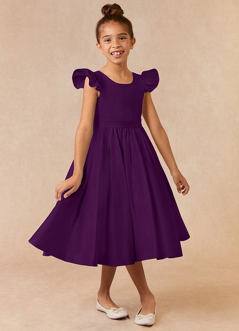 If you are looking for a classic dress for your girl, look no further. Violetta is our adorable satin ballgown dress. She features flutter cap sleeves, a V-back, and a ruched skirt with a bow tie back belt. Purple Flower Girls Dresses, Satin Flower Girl Dresses, Grape Flower, Satin Ballgown, Tea Length Flower Girl Dress, Ballgown Dress, Purple Flower Girl Dress, Satin Flower Girl Dress, Ruched Skirt