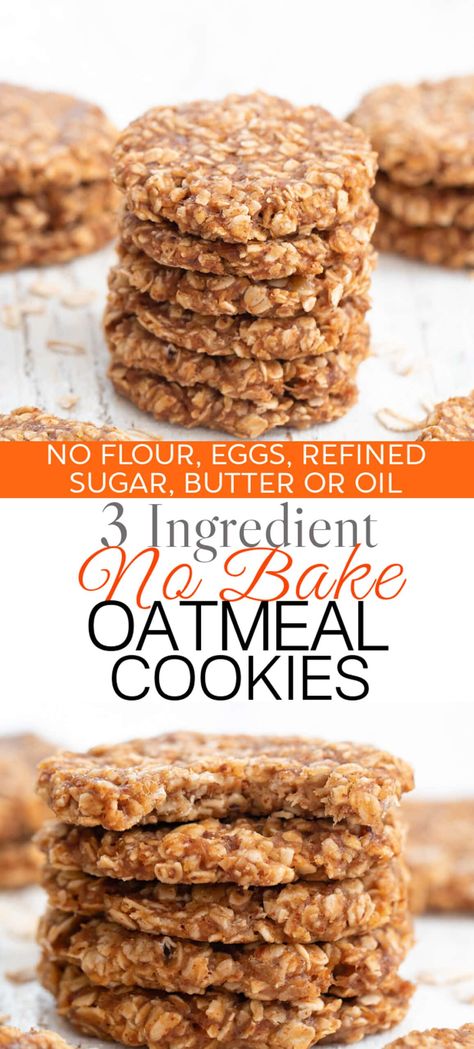 Healthy no bake oatmeal cookies that don't require any baking or cooking. These cookies are soft and chewy and just 3 ingredients. 3 Ingredient Recipes No Bake, 3 Ingredient Cookies Recipes, Oatmeal Cookies Easy 2 Ingredients, Oat Flour Recipes Cookies, Healthiest Cookies, Keto Oatmeal Cookies, Bravenly Global, Oatmeal Cookies No Flour, Oatmeal No Bake