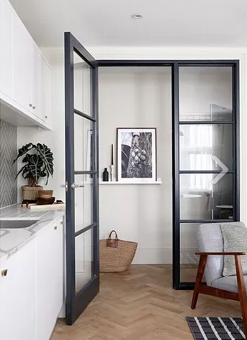 Crittal Door, Rebecca Wakefield, Studio Fortnum, Scandi Vibes, Crittall Doors, Midcentury Chair, Crittal Doors, Herringbone Tiles, Open Plan Apartment