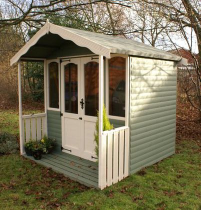 Factory painted REGENT Summerhouse with 2' Verandah Grey Summer House, Summer House Exterior Colours, Summer Houses For Small Gardens, Summer House Colour Ideas, Painted Summer House Ideas, Small Summer House Ideas, Summer House Exterior, Pretty Sheds, Summer House Ideas