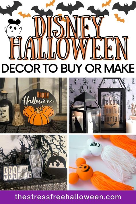 Spooktacular Disney Halloween Decorations for Your Home - The Stress-Free Halloween Disneyland Halloween Decorations, Halloween Decor Disney, Disney Halloween Decorations Outdoor Diy, Halloween Disney Decorations Diy, Disney Inspired Halloween Decor, Halloween Mickey Mouse Decorations, Fall Disney Decor, Disney Window Decoration Ideas Halloween, Diy Disney Fall Decor