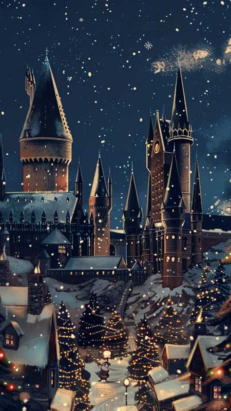 Harry Potter Winter Aesthetic Wallpaper, Winter Wallpaper Harry Potter, Hogwarts In The Snow, Hogwarts Christmas Aesthetic Wallpaper, Anastasia Castle, Harry Potter Christmas Drawing, Harry Potter Blue Aesthetic, Christmas Aesthetic Harry Potter, Christmas Hogwarts Wallpaper