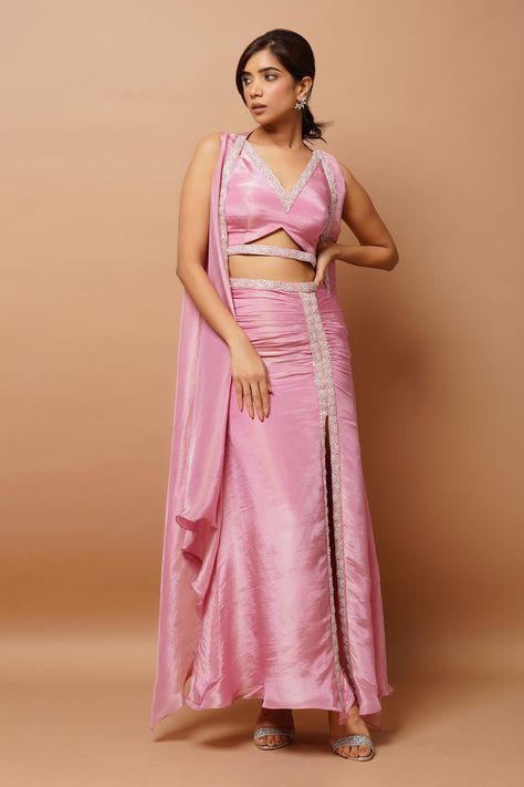 Buy Pink Natural Crepe Hand Embroidered Border Long Shrug And Skirt Set For Women by Ahi Clothing Online at Aza Fashions. Long Shrug, Embroidered Beads, Function Dresses, Choli Dress, Haldi Outfit, Fancy Sarees Party Wear, Outfits Woman, Padded Blouse, Western Dress