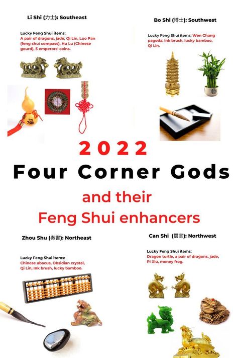 Set up 2022 Feng Shui by understanding the 4 corner gods and lucky items you can display. Feng Shui Floor Plan, Feng Shui Your Desk, Feng Shui Animals, Money Corner, Feng Shui Garden, Feng Shui Basics, Feng Shui Guide, Tiger Year, Feng Shui Money