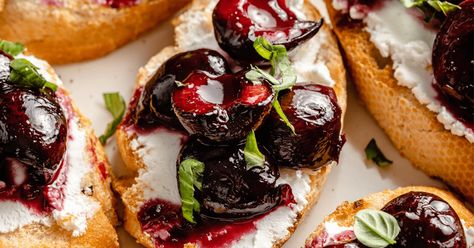 Grilled Crostini with Roasted Cherries & Goat Cheese | Ambitious Kitchen Roasted Cherries, Gluten Free Baguette, Goat Cheese Crostini, Crostini Recipes, Ambitious Kitchen, Healthy Appetizer Recipes, Roasted Cherry, Finger Foods Easy, Delicious Appetizer Recipes