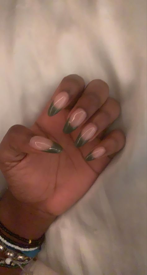 Army Green Nail Ideas, Forestry Nails, Green Nails Acrylic Almond, Forest Green Nails Acrylic, Green Almond Nails Designs, Almond Green Nails, Nails Ideas Green, Green And Brown Nails, Green Nails Almond