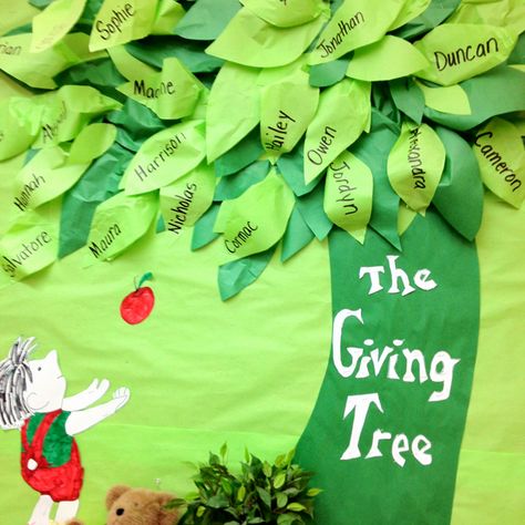 The Giving Tree. Love this book. The Giving Tree Decorations, The Giving Tree Door Decoration, Nursery Poem, Hallway Decorations, Teacher Appreciation Doors, Tree Props, Door Tree, Sunday School Decorations, Teacher Bulletin Boards