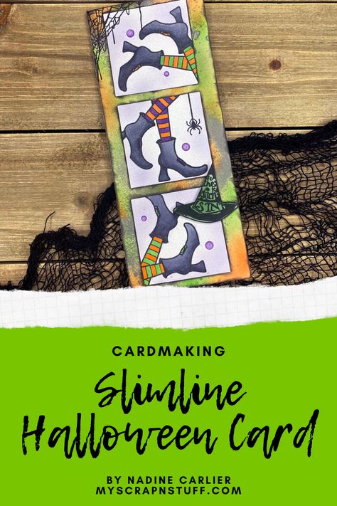 Halloween slimline card using rubber stamps from Crackerbox Stamps. Designed by Nadine Carlier #cardmaking Slimline Halloween Cards, Mixed Media Diy, Slimline Cards, Witchy Halloween, Up Halloween, Halloween Prints, Halloween Cards, Craft Inspiration, Craft Tutorials