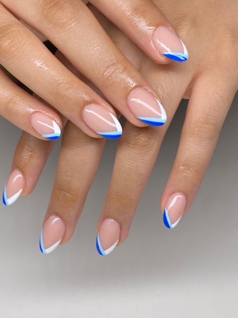 Royal Blue French Manicure, Blue Almond Shaped Acrylic Nails, Almond Shape Acrylic Nails Designs Summer, Nails Blue Design Royal, Royal Blue And White Nails For Prom, Blue And White Almond Nails Design, Royal Blue And White French Tip Nails, Almond Nails Designs Summer Blue, Blue Tip Nails Almond