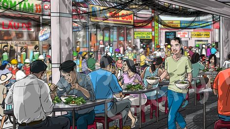 This is the left section of a 53'x 10' wall mural for pho restaurant. Custom wall graphic and restaurant mural design for sale.  By artist Cuong Huynh. Restaurant Illustration Art, Restaurant Illustration Drawing, Restaurant Wall Mural, Restaurant Drawing, Restaurant Mural, Brand Deck, Procreate Inspiration, Busy Restaurant, Pho Restaurant