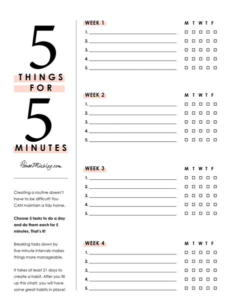 5 things for 5 minutes weekly printable - chores, checklist, routine, cleaning, organizing Things To Do In 5 Minutes, Daily Planner Checklist, 5-9 Before 9-5 Routine, Life Printables, Organizing Templates, Work Ideas, Printable Things, Planner Printables, Online Bullet Journal