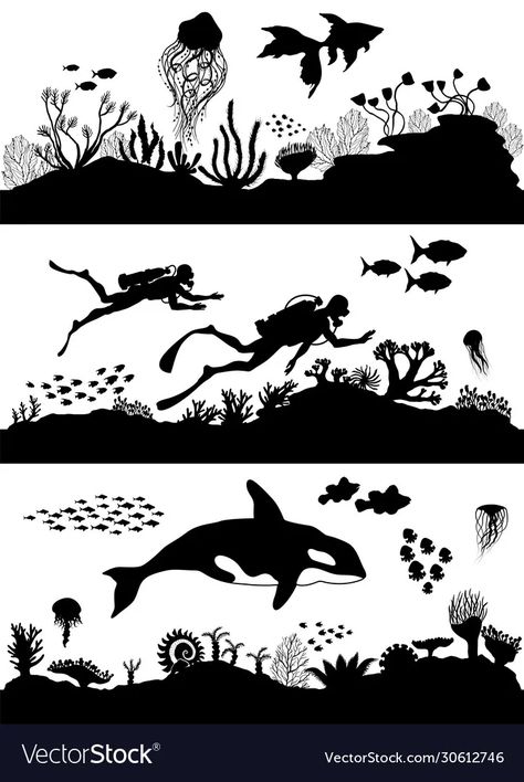 Coral Reef Animals, Coral Reef Drawing, Coral Drawing, Ship Silhouette, Sea Drawing, Fish Silhouette, Silhouette Stencil, Sea Coral, Cricut Craft Room