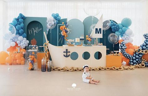 Sailor Theme Party, Surf Birthday Party, Sailor Birthday, Sailor Theme, Baby Birthday Party Theme, Ocean Birthday Party, Boy Birthday Party Themes, Birthday Party Theme Decorations, Baby Birthday Party