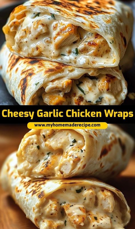 These cheesy garlic chicken wraps are the ultimate chicken wraps for lunch or dinner. Packed with garlic flavor and melted cheese, they’re the best chicken wraps for any meal Cheesy Chicken Wraps Recipes, Garlic Cheesy Chicken Wraps, Cheesy Garlic Wraps, Cheesy Chicken Garlic Wrap, Chicken Cheese Wrap, Cheese Garlic Chicken Wraps, Cheesy Chicken Alfredo Wraps, Garlic Chicken Wraps, Creamy Garlic Chicken Wraps