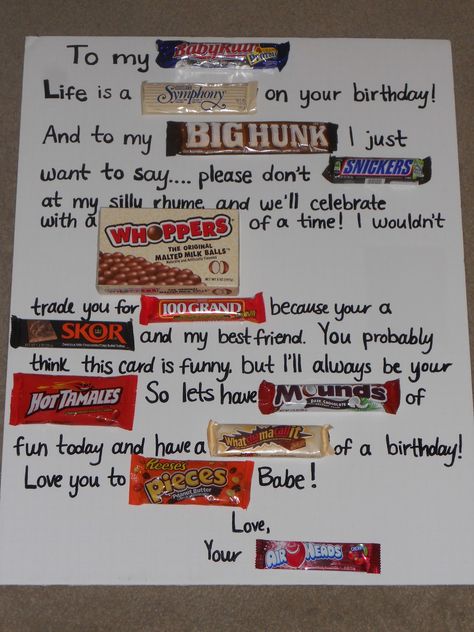 Candy bar poem birthday card/poster for someones birthday (best for at least 40 years old). Description from uk.pinterest.com. I searched for this on bing.com/images Candy Bar Crafts, Candy Bar Poems, Birthday Candy Poster, Candy Poems, Retirement Candy, Candy Birthday Cards, Candy Posters, Candy Boards, Bday Surprise