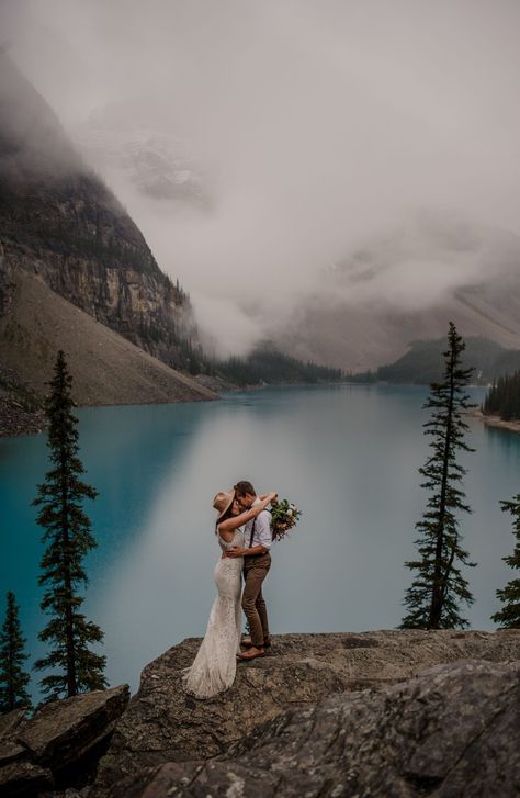 Moraine Lake Elopement in Banff Alberta | Photos by Lena Jenise Photography #morainelake #banffelopement #banffelopementphotographer #morainelakeelopement #lakelouise Alberta Mountain Wedding, Moraine Lake Elopement, Banff Elopement Fall, Calgary Photoshoot, Elopment Ideas, Moraine Lake Wedding, Alberta Elopement, Moody Elopement, Switzerland Wedding