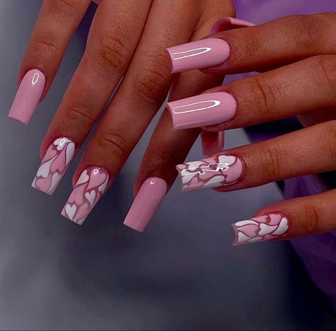 Heart Nail Designs, Nail Art Gel, Cute Acrylic Nail Designs, French Tip Acrylic Nails, Dope Nail Designs, Long Acrylic Nails Coffin, Coffin Shape Nails, Acrylic Nails Coffin Pink, Long Square Acrylic Nails