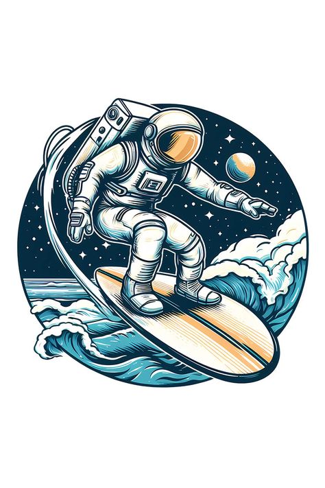 This cartoon design is made for fans of astronomy and astronauts. A surfing astronaut in space. #space #astronaut #surf Astronaut In Space, Space Space, Space Astronaut, The Planets, Astronauts In Space, Sports Design, In Space, Cartoon Design, Astronomy