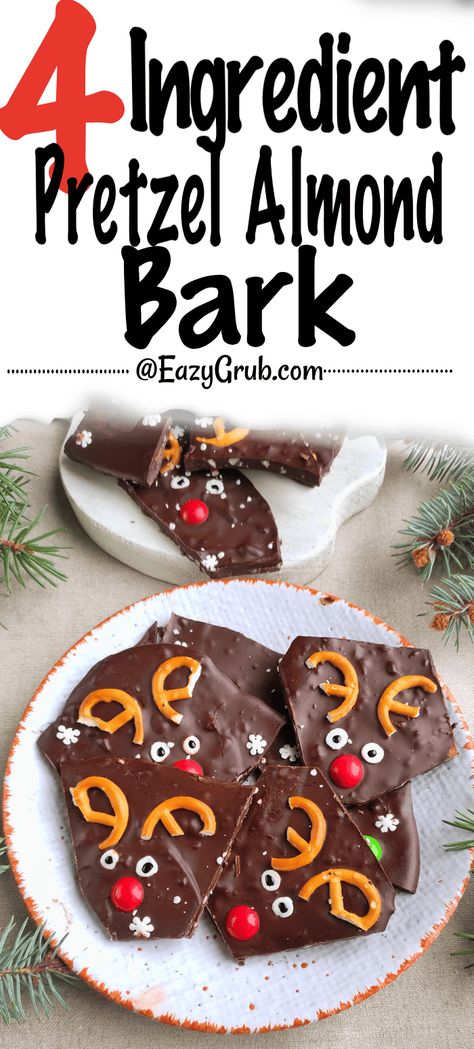 Adorable 4-Ingredient Festive Pretzel Almond Bark is made with melted chocolate and almonds that come together with crunchy pretzels to create little Rudolph reindeers that super tasty as they are sweet to look at. This Christmas treat is not only a breeze to make, it helps you spend less time in the kitchen and more time making memories. Perfect for last-minute party prep or a fun cooking activity with the kids. Let this sweet and salty delight become a new holiday favorite! Pretzel Bark Recipes, Almond Bark Recipes, Pretzel Bark, Christmas Pretzels, Party Prep, 4 Ingredient Recipes, Christmas Recipes Easy, Mini Pretzels, Bark Recipe