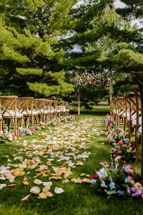 Intimate backyard summer wedding in Lake Forest, wedding florals, outdoor ceremony space, North Shore Chicago, Photos by Gretchen Wittry Photography Small Garden Ceremony Wedding, Backyard Floral Wedding, Outdoor Wedding Ceremony Colorful, Lowkey Backyard Wedding, Casual Lake Side Wedding, Outdoor Wedding Simple Decor, Wedding Walk Out, Whimsical Backyard Wedding, Backyard Wedding Ideas Ceremony