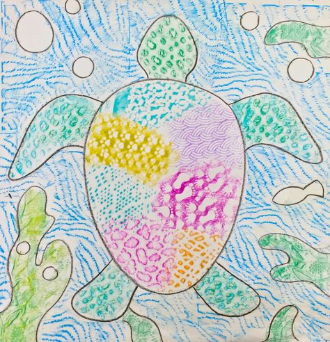 Texture Turtles Kindergarten art project - teacher sample.  We used texture plates and crayons. Texture Art Grade 1, Texture Rubbing Art For Kids, Texture Art Kindergarten, Texture Plate Art Projects, Texture Art Projects For Kids, Crayon Rubbing, Texture Projects, Art Kid Aesthetic, Texture Art Projects