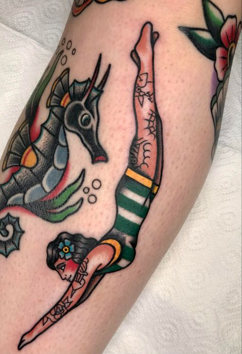 Traditional Sealife Tattoo, Nautical Tattoo Filler, Diving Pinup Tattoo, American Traditional Scuba Diver Tattoo, Old Scuba Diver Tattoo, Traditional Sea Creature Tattoo, Nautical Leg Sleeve Tattoo, Traditional Beach Tattoo, American Traditional Nautical