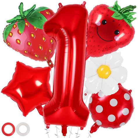 PRICES MAY VARY. Package Contains: You will receive 1red number balloon, 2 strawberry balloons, 1 polka dot balloon, 1 star balloon and 1 daisy balloon, 2 roll ribbons and a straw. What an abundance of balloons for your strawberry themed first birthday party! EASY TO USE: Inflate the balloons with air or helium by a balloon pump; pinch the inflation valves gently; then the beautiful strawberry balloon set is there for you! And you can tie the balloons with the ribbons included, creating a splend Strawberry Balloons, Berry First Birthday Party, Bachelorette Party Photo, 1st Birthday Balloons, Berry First Birthday, 1st Birthday Party Decorations, Princess Tea Party, First Birthday Party Decorations, Strawberry Party