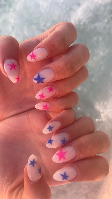 Rainbow Star Nails, Gel X Nail Inspo Almond, Nashville Nails Country, Pink And Navy Nails, Tv Girl Nails, Nail Inspo Stars, Pink And Blue Nail Art, Fun Short Nails, Bright Pink Nails