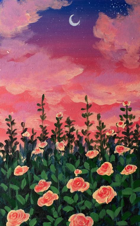 Sunset Flowers Painting, Rose Aesthetic Painting, Canvas Painting Designs Creative, Painting Ideas Family, Acrylic Flower Painting Easy, Flower Painting Acrylic Easy, Roses Painting Acrylic, Drawing Of Sunset, Family Painting Ideas Diy Canvas