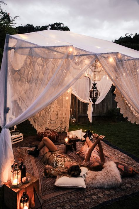 5 Hen Party Ideas That Will Suit Everyone Beltane Festival, Meditation Tent, Jardin Style Shabby Chic, Canopy Beds, Bohemian Garden, Shabby Chic Garden, Outdoor Sanctuary, Backyard Camping, Bedroom Curtains