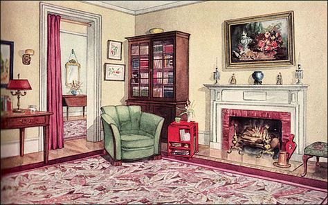 Aside from the generally engaging Armstrong, Blabon, and Crane interiors, few 1920s companies showed rooms that were really inspirational. This Hartford Bigelow ad for carpet isn't too bad.  Source: House & Garden 1920s Living Room, 1930s Living Room, Modern Traditional Living Room, 1920s Home Decor, 1920s Interior, 1920s House, Living Room Color Schemes, Casa Vintage, Room Color Schemes