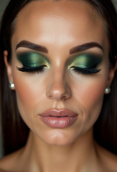 dark green smokey eye Wedding Makeup Green Eyeshadow, Green Eye Shadow Looks, Green And Gold Makeup Looks, Dark Green Smokey Eye, Green Smokey Eye Tutorial, Emerald Green Eye Makeup, Emerald Green Makeup Looks, Green Makeup Looks, Green Dress Makeup