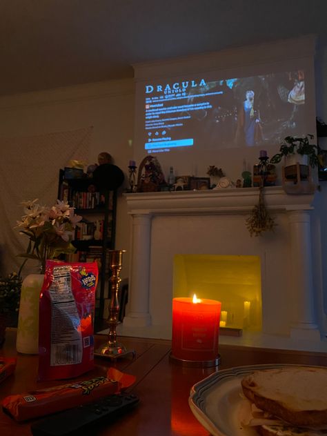 dracula fall cozy spooky movie season cozy movie night Spooky Movie Aesthetic, Halloween Movie Night Aesthetic, Spookie Season, Fall Sleepover, Fall Cabin, Sleepover Fun, Cozy Movie Night, Fall Movie, Dracula Untold