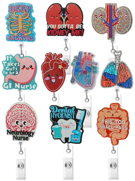 PRICES MAY VARY. Diverse Styles: these retractable acrylic badge reels are designed into 10 different shapes and patterns, including heart,brain,cardiac,respiratory therapist,cardiology,dental and so on, which will be cute and funny. Retractable Cord: the nylon rope of these nurse badge reels can be retracted to 25.6 inches in length,making it easy to reach and swipe your ID or badge without having to take it off,The cord is durable and can withstand frequent use, ensuring that it will last for Medical Assistant Student, Office Employee, Bulk Gifts, Heart Brain, Professional Nurse, Pharmacy Tech, Retractable Id Badge Holder, Respiratory Therapist, New Nurse