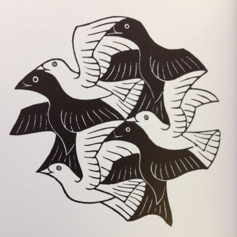 Plane - Filing motif with birds. M.C. Escher. 1949 Wood engraving. 68mmx54mm  Another by MC Escher. I like this one because It almost looks simple, but as we know it is not. Rhythm In Design, Mc Escher Art, Escher Drawings, Escher Tessellations, Mathematical Drawing, White Bird Tattoos, Escher Art, Rhythm Art, Mc Escher