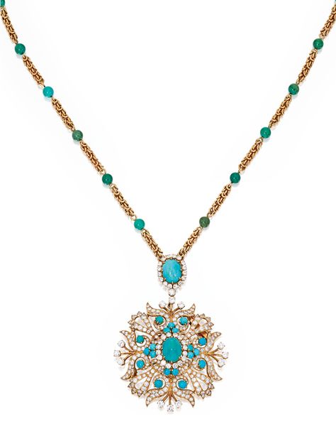 18 KARAT GOLD, TURQUOISE AND DIAMOND PENDANT-BROOCH AND CHAIN, VAN CLEEF & ARPELS.  The openwork pendant-brooch set with 20 turquoise cabochons, accented by numerous round diamonds, signed Van Cleef & Arpels,  suspended from a fancy-link chain spaced at intervals by 22 turquoise beads, set at the front with an oval-shaped turquoise cabochon framed by round diamonds, signed VCA, numbered 94908, with French assay marks. Luxury Vintage Round Turquoise Necklace, Luxury Vintage Turquoise Pendant Necklace, Luxury Turquoise Cabochon Necklace, Luxury Turquoise Nature-inspired Necklace, Luxury Vintage Blue Turquoise Necklace, Van Cleef Necklace, Van Cleef And Arpels Jewelry, Pendant Brooch, Van Cleef And Arpels