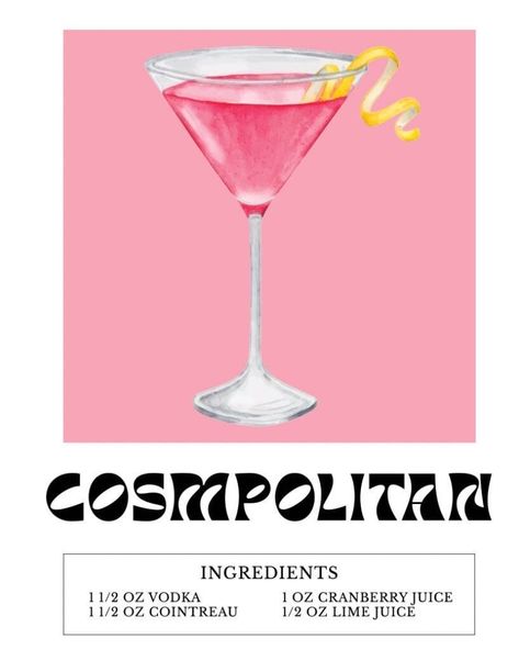 Cosmopolitan Cocktail Illustration, Cosmopolitan Drink Tattoo, Cosmopolitan Drink Poster, Cosmopolitan Drink Aesthetic, Cosmo Painting, Cosmopolitan Tattoo, Cosmopolitan Aesthetic, Cosmopolitan Drink Recipe, Cosmo Drink